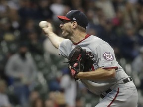 Washington Nationals starting pitcher Max Scherzer throws during the first inning of a baseball game against the Milwaukee Brewers Monday, May 6, 2019, in Milwaukee.