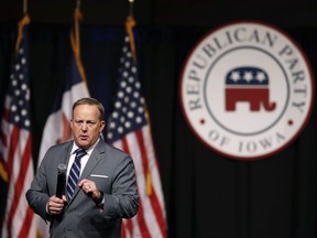 FILE - In this Nov. 8, 2017 file photo, former White House press secretary Sean Spicer speaks during the Republican Party of Iowa's annual Reagan Dinner in Des Moines, Iowa. President Donald Trump spent his first campaign as an underdog. He was written off by the political establishment and down on his own chances on Election Night. But as he and his team gear up for re-election, they're claiming an unfamiliar position: front-runner. Trump and his allies are exuding optimism about his re-election in 2020, touting a strengthening economy, their organizational head-start and a Democratic primary poised to turn ugly. Sean Spicer says, "We're confident, not cocky."