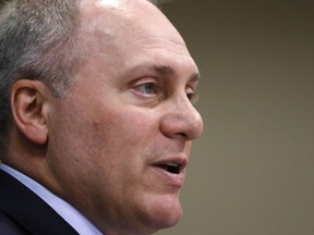 FILE - In this Aug. 27, 2018 file photo, House Majority Whip U.S. Rep. Steve Scalise, R-La., recalls the prayers he received after getting shot during a congressional baseball practice in Virginia in 2017, during a press availability in Jackson, Miss.  Scalise says he still struggles to forgive the man who wounded him and four others at a congressional baseball practice nearly two years ago.