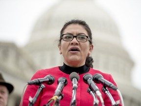 FILE - On this Jan. 17, 2019, file photo, Rep. Rashida Tlaib, D-Mich., speaks at a news conference on Capitol Hill in Washington. Democrats on Monday, May 13, defended Tlaib after President Donald Trump and his allies mischaracterized her remarks about the Holocaust to accuse her of anti-Semitism. Tlaib told a Yahoo News podcast that she gets "a calming feeling" when she thinks of how her Palestinian ancestors suffered under the creation of the state of Israel.
