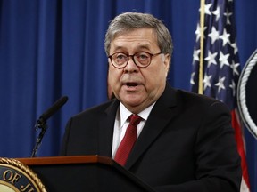 FILE - In this April 18, 2019, file photo, Attorney General William Barr speaks about the release of a redacted version of special counsel Robert Mueller's report during a news conference at the Department of Justice in Washington. Barr is taking aim judges who issue rulings blocking nationwide policies. Barr is speaking May 21 to the American Law Institute. He says judges who issue these so-called nationwide injunctions are hampering President Donald Trump's agenda.