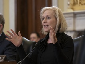 FILE - In this March 6, 2019, file photo, Sen. Kirsten Gillibrand, D-N.Y., the ranking member of the Senate Armed Services Subcommittee on Personnel, speaks during a hearing about prevention and response to sexual assault in the military, on Capitol Hill in Washington. Reports of military sexual assaults jumped by 13% last year, but an anonymous survey of service members released Thursday suggests the problem is vastly larger. The survey number is about 37% higher than two years ago, when one was last done, fueling frustration within the department and outrage on Capitol Hill. "I am tired of the statement I get over and over from the chain of command: 'We got this, madam, we got this.' You don't have it!" Gillibrand, shouted during a Senate Armed Services Committee confirmation hearing Thursday for Army Gen. James McConville. "You're failing us."