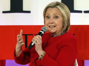 FILE - In this April 23, 2019, file photo, Hillary Clinton speaks during the TIME 100 Summit, in New York. Clinton says the Trump administration's struggles with the U.S. House will show "whether it's the rule of law or the rule of Trump" that the courts and Republicans obey.