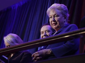 FILE - In this Nov. 9, 2016 file photo, federal judge Maryanne Trump Barry, older sister of Donald Trump, sits in the balcony during Trump's election night rally in New York. The fastest way for federal judges facing investigation by their peers to make the inquiry go away is to utter two words, "I quit." That's how former appellate judges Maryanne Trump Barry and Alex Kozinski ended investigations into complaints that Barry participated in fraudulent tax schemes and Kozinski sexually harassed women.