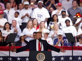 IN this May 8, 2019, photo, President Trump speaks at a rally in Panama City Beach, Fla.