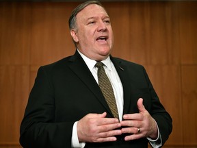 Secretary of State Mike Pompeo talks to the media on the sidelines of the Arctic Council ministers' working dinner at the Arktikum museum in Rovaniemi, Finland, Monday, May 6, 2019. The U.S. is dispatching an aircraft carrier and other military resources to the Middle East following what it says are indications that Iran and its proxy forces are preparing to possibly attack U.S. forces in the region.