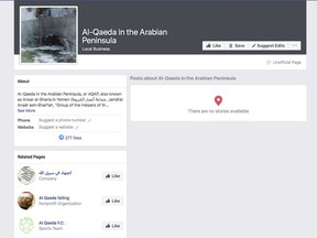 A Facebook auto-generated page for a group identifying itself as the terror group "Al-Qaeda in the Arabian Peninsula" displays a photo of the bombed U.S. Navy warship USS Cole. The page was still live as of Tuesday, May 7, 2019, when the screen grab was made. Facebook says it has robust systems in place to remove content from extremist groups, but a sealed whistleblower's complaint reviewed by the AP says banned content remains on the web and easy to find. (Facebook via AP)