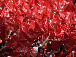 Benfica fans wave flags during a Portuguese league last round soccer match between Benfica and Santa Clara at the Luz stadium in Lisbon, Saturday, May 18, 2019.