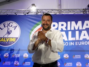 Interior Minister and Deputy Premier Matteo Salvini arrives for a press conference at the League's headquarters, in Milan, Italy, Monday, May 27, 2019. The League party of Italy's hard-line interior minister was one of the biggest winners in the European elections, with sky-rocketing support that bolsters his role as the flagbearer of the nationalist and far-right forces in Europe and could also shake up politics at home.