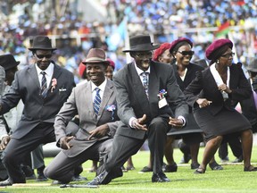 Traditional dancers perform at Malawi's President Peter Mutharika's inauguration ceremony at Kamuzu Stadium in Blantyre, Malawi, Friday May 31, 2019. Mutharika narrowly won re-election with 38% of the votes in last week's polls, the electoral commission declared Monday.