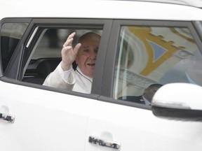 Pope Francis leaves after a meeting with the Catholic community in the Church of St. Michael Archangel, in Rakovsky, Bulgaria, Monday, May 6, 2019. Pope Francis is visiting Bulgaria, the European Union's poorest country and one that taken a hard line against migrants, a stance that conflicts with the pontiff's view that reaching out to vulnerable people is a moral imperative.