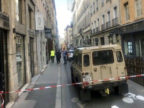 A vehicle of French anti terrorist plan "Vigipirate Mission", is seen near the site of a suspected bomb attack in central Lyon, Friday May, 24, 2019. A small explosion Friday on a busy street in the French city of Lyon lightly injured several people, local officials said.