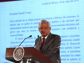 Mexico's President Andrés Manuel López Obrador says Mexico will not respond to U.S. President Donald Trump's threat of coercive tariffs with desperation, but instead push for dialogue, during a press conference at the National Palace, in Mexico City, Friday, May 31, 2019.