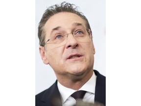 Austrian Vice Chancellor Heinz-Christian Strache (Austrian Freedom Party) addresses the media during press conference at the sport ministry in Vienna, Austria, Saturday, May 18, 2019. Strache says he is resigning after two German newspapers published footage of him apparently offering lucrative government contracts to a potential Russian benefactor.
