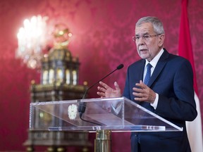 Austrian President Alexander Van der Bellen, delivers a speech to the Austrian citizens at Hofburg palace in Vienna, Austria, Tuesday, May 21, 2019.  Austrian Chancellor Sebastian Kurz is set to face a no-confidence vote in parliament next week after his governing coalition collapsed over a corruption scandal.