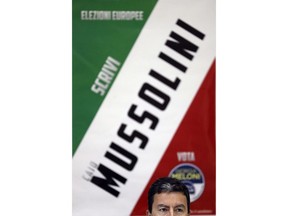 In this photo taken on Saturday, May 4, 2019, Brothers of Italy party candidate for the upcoming European Parliament elections, Caio Giulio Cesare Mussolini, delivers his speech during a campaign rally, in Sirignano, southern Italy. Mussolini's name remains part of the political discourse, first with lawmaker Alessandra Mussolini, Benito Mussolini's granddaughter who started out with a now defunct neo-fascist party, and now with his great-grandson, Caio Giulio Cesare Mussolini, who is running with the far-right Brothers of Italy party in the European elections.
