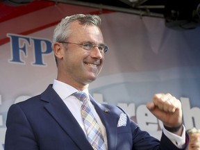 Designated Leader of the right-wing Freedom Party, FPOE, Norbert Hofer waves to his supporters during the final election campaign event for European elections in Vienna, Austria, Friday, May 24, 2019.