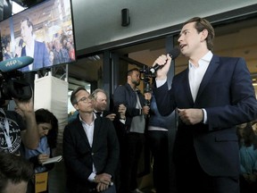 Austrian Chancellor Sebastian Kurz speaks to his supporters at the political headquarters of Austrian People's Party, OEVP, in Vienna, Austria, Monday, May 27, 2019. Chancellor Sebastian Kurz's center-right party recorded a big win in European elections, but he was ousted Monday following the collapse of his scandal-tainted coalition.