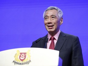 Singaporean Prime Minister Lee Hsien Loong delivers a keynote address during the opening dinner of the 18th International Institute for Strategic Studies (IISS) Shangri-la Dialogue, an annual defense and security forum in Asia, in Singapore, Friday, May 31, 2019.