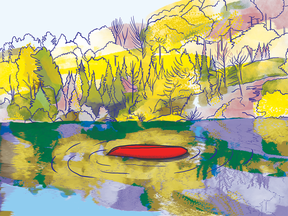 An illustration of a landscape featuring a red canoe overturned in the Muskoka River