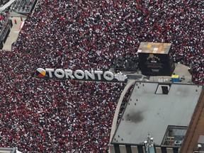 Fans gather at Nathan Phillips Square as they turn out for the Toronto Raptors NBA Championship Victory Parade after defeating the Golden State Warriors in the Finals on June 17, 2019 in Toronto.