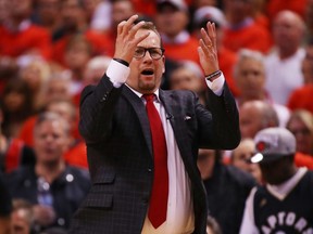 Coach Nick Nurse of the Toronto Raptors reacts in the fourth quarter against the Golden State Warriors during Game Five of the 2019 NBA Finals at Scotiabank Arena on June 10, 2019 in Toronto, Canada.