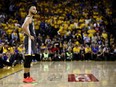 Stephen Curry #30 of the Golden State Warriors reacts against the Toronto Raptors in the second half during Game Six of the 2019 NBA Finals at ORACLE Arena on June 13, 2019 in Oakland, California.