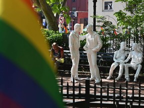 Rainbow flags and sculptures are seen at the Stonewall National Monument, dedicated to the birthplace of modern lesbian, gay, bisexual, transgender, and queer civil rights movement on June 4, 2019 in New York City.