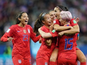 USA's players celebrate a goal during the France 2019 Women's World Cup Group F football match between USA and Thailand, on June 11, 2019, at the Auguste-Delaune Stadium in Reims, eastern France.