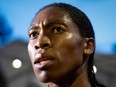 TOPSHOT - South African Caster Semenya speaks with journalists after the women's 2000m race during the France's LNA (athletics national association) Pro Athle Tour meeting on June 11, 2019 at the Jean-Delbert stadium in Montreuil, a Paris neighbouring suburb.