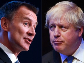 A combination of file pictures shows Britain's Foreign Secretary Jeremy Hunt (left) giving a speech in Berlin in February 2019  and British Conservative Party politician Boris Johnson (right) giving a speech on the sidelines of the Conservative Party Conference in October 2018.