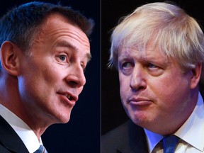 Britain's Foreign Secretary Jeremy Hunt (left) giving a speech at the Konrad-Adenauer foundation in Berlin in February and British Conservative Party politician Boris Johnson (right) giving a speech during a fringe event on the sidelines  of the Conservative Party Conference 2018 at the International Convention Centre in Birmingham.