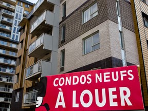 A sign advertising condos for rent at The Logix condo project site on Robert-Elie St. in Laval on Thursday, April 19, 2012.