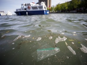 A plastic bag floats in Lake Ontario on the waterfront in Toronto, Ontario, Canada, on Wednesday, June 12, 2019.