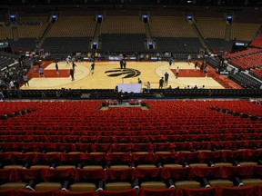 Golden State Warriors shoot hoops on the court after a closed practice session at the Scotiabank Arena, in Toronto on Monday, June 10, 2019, ahead of game five of the NBA Finals against the Toronto Raptors.