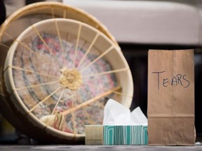 A paper bag used to collect the tears of those testifying, to then be burned in a sacred fire, is seen at the final day of hearings at the National Inquiry into Missing and Murdered Indigenous Women and Girls, in Richmond, B.C., on Sunday April 8, 2018. The national inquiry into missing and murdered Indigenous women and girls is calling for considerable legal reforms, including that police services establish standardized protocols to ensure all cases are thoroughly investigated.