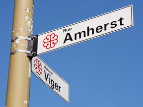 The sign for Amherst street is seen in Montreal on September 13, 2017. Montreal will officially change the name of Amherst Street on Friday to mark National Indigenous Peoples Day. A spokesman for Mayor Valerie Plante says the new name will honour someone of Indigenous significance. For more than 200 years, the street has been named for British general Jeffery Amherst, who oversaw the capitulation of Montreal on Sept. 8, 1760.