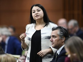 Minister for Women and Gender Equality and Minister of International Development Maryam Monsef rises during Question Period in the House of Commons on Parliament Hill in Ottawa on Friday, April 5, 2019. Gender Equality Minister Maryam Monsef says the federal government will fund more than 100 projects to "honour the lives and legacies" of missing and murdered Indigenous women and girls.