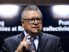 Minister of Public Safety and Emergency Preparedness Ralph Goodale speaks at press conference on Parliament Hill in Ottawa on May 16, 2019. For the first time, Canada has placed a pair of right-wing extremist groups on the national list of terrorist organizations. Public Safety Canada says Blood & Honour, an international neo-Nazi network, and their armed branch, Combat 18, have been added to the roster, opening the door to stiff criminal sanctions.