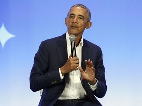 This Feb. 19, 2019, file photo shows former U.S. president Barack Obama speaking at the My Brother's Keeper Alliance Summit in Oakland, Calif. Obama is set to give a speech and answer questions at an event in Canada's capital later tonight. THE CANADIAN PRESS/AP/Jeff Chiu, File)