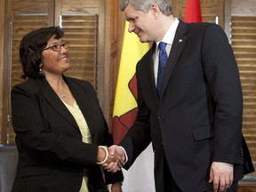 Edna Elias, the commissioner of Nunavut, shakes hands with Prime Minister Stephen Harper at the start of a meeting on Parliament Hill in Ottawa, on May 12, 2010.  Gov.-Gen. Julie Payette is naming 83 more Canadians to the Order of Canada. The list out this morning from Rideau Hall includes athletes, researchers, teachers, scientists, artists and actors, from all across the country.THE CANADIAN PRESS/Adrian Wyld