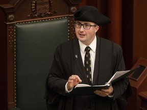 Newly-elected speaker of the house Nathan Cooper speaks after being voted in, in Edmonton on Tuesday May 21, 2019. The Speaker of Alberta's legislature is telling both the government and opposition members to be better in the wake of an angry confrontation over earplugs in the house.