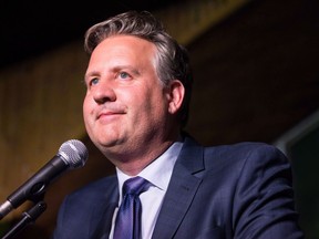 Vancouver mayor-elect Kennedy Stewart pauses while addressing supporters in Vancouver on Sunday, Oct. 21, 2018. Vancouver Mayor Kennedy Stewart says it's "devastating" to see the homeless count rise in the city and is blaming the federal government for breaking a promise to invest millions to solve the problem.