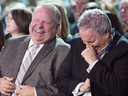 Ontario Premier Doug Ford and Chief of Staff Dean French share a joke at the Ontario PC Convention in Toronto on Nov. 17, 2018. 