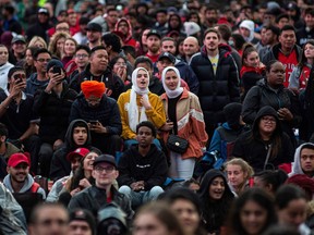 Toronto Raptors fans take in game five of the NBA Finals at Celebration Square in Mississauga, Ont., Monday, June 10, 2019.