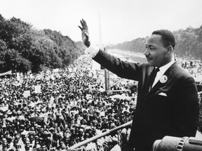 American civil rights leader Martin Luther King (1929 - 1968) addresses crowds during the March On Washington at the Lincoln Memorial, Washington D.C., where he gave his 'I Have A Dream' speech.