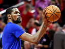 Kevin Durant of the Golden State Warriors warms up prior to Game 5 of the 2019 NBA Finals against the Toronto Raptors on June 10, 2019.