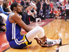 Golden State Warrior Kevin Durant sits on the court after re-injuring his leg during Game 5 against the Toronto Raptors.