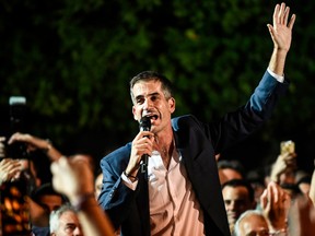 Kostas Bakoyannis the winner of the mayoral race in Athens on June 2, 2019, addresses his supporters after his election victory. - Greece's conservative opposition New Democracy party on June 2, 2019 swept local elections, winning in most regions and the cities of Athens and Thessaloniki, routing Prime Minister Alexis Tsipras's ruling left just a month before they face off in general elections.