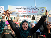 Palestinian supporters of the Islamic Jihad protest against the Bahrain economic workshop in the Gaza Strip town of Rafah on June 18, 2019.